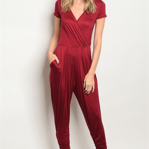 Celebration Short Sleeve Burgundy Jumpsuit - Picture 1 of 2